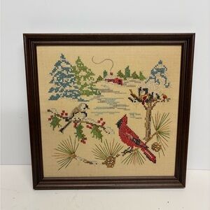 Framed Cross Stitch Sampler Art with Birds and Trees 12x12”